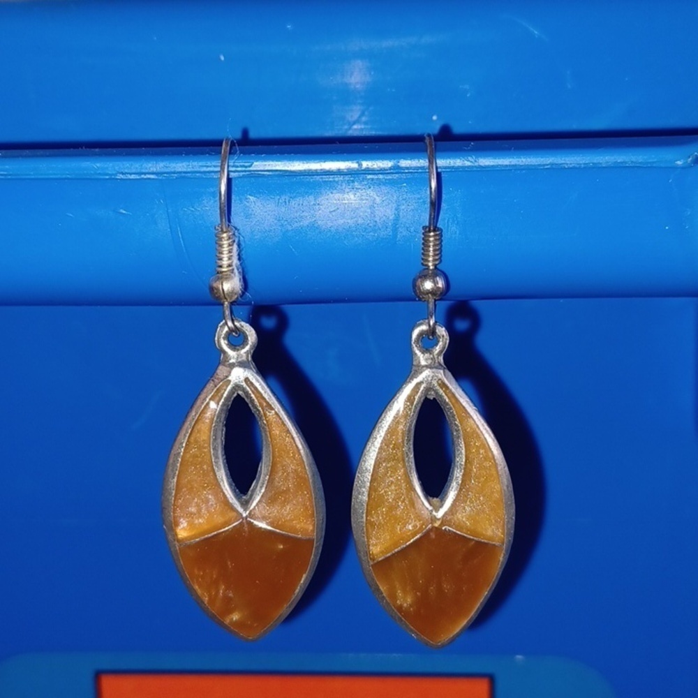 Vintage Alia Silver Tone Dangle Earrings, Tan Luster 1991